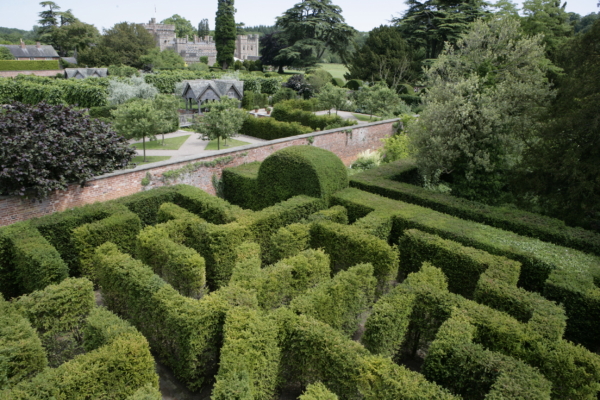 View of the castle from tower with gardens and Maze