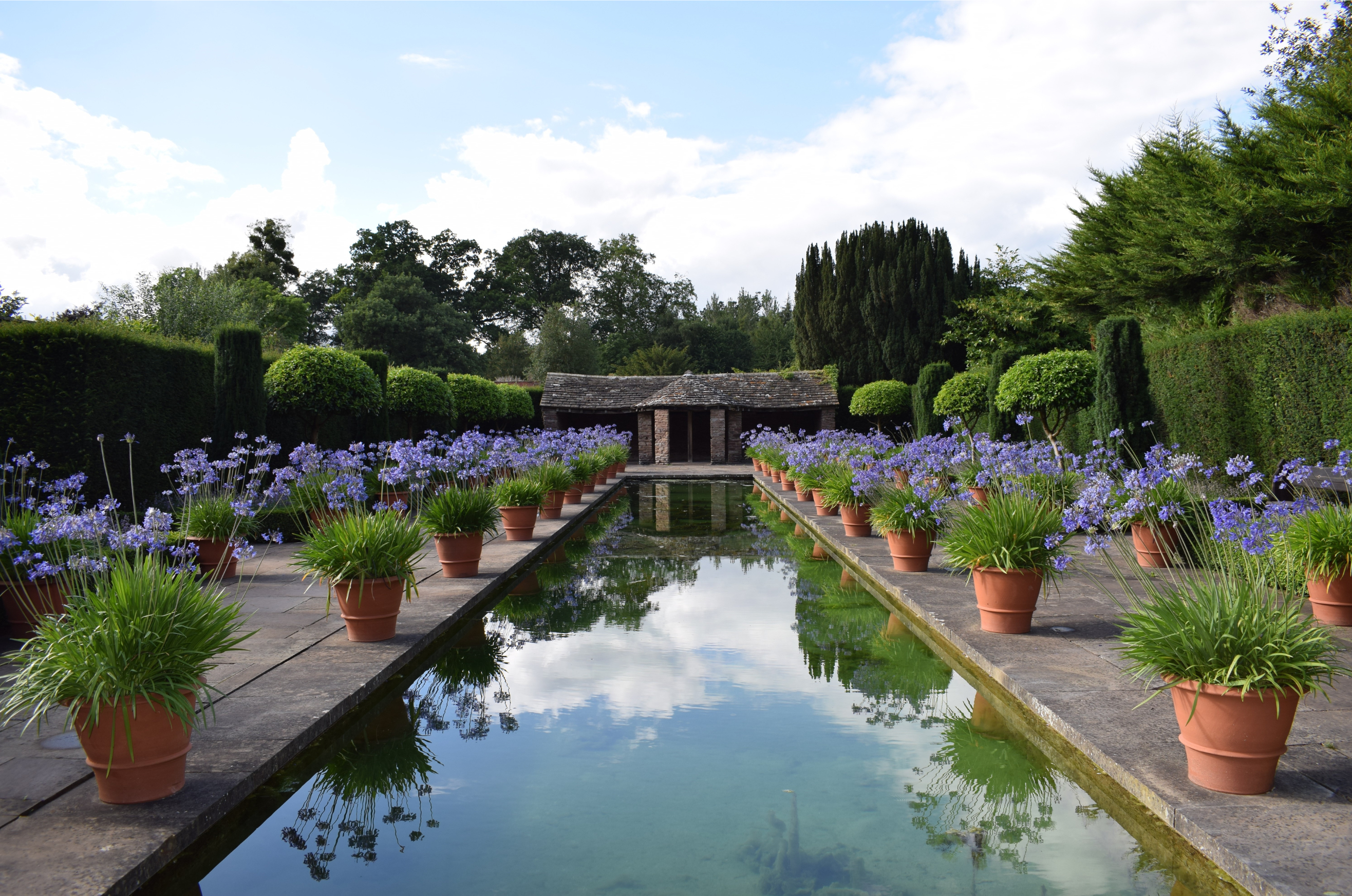 Long reflective canal of water with agapanthus in pots around the edges